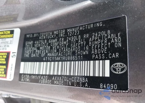 2024 Toyota Camry Le из США, поврежденный, VIN 4T1C11AK1RU886511